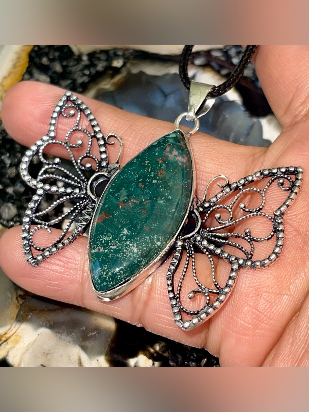 Dark Green Dragon Bloodstone Jasper Crystal Pendant 2 1/4”